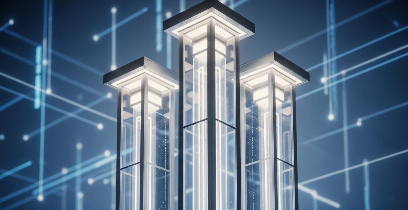 Photographie symbolique d'une structure architecturale numérique représentant les trois piliers fondamentaux d'un site web
