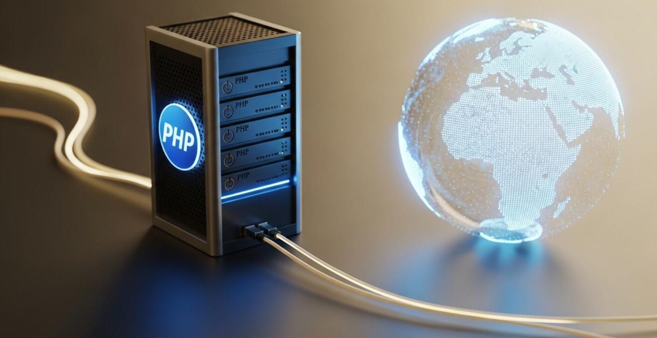 Image symbolique montrant un serveur web connecté à un globe lumineux symbolisant 80% du web propulsé par PHP