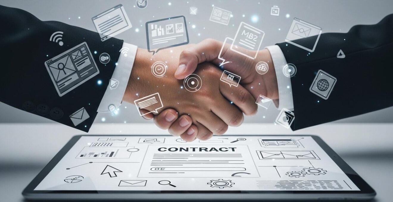 Illustration symbolique d'un contrat signé qui matérialise la réussite d'un projet web