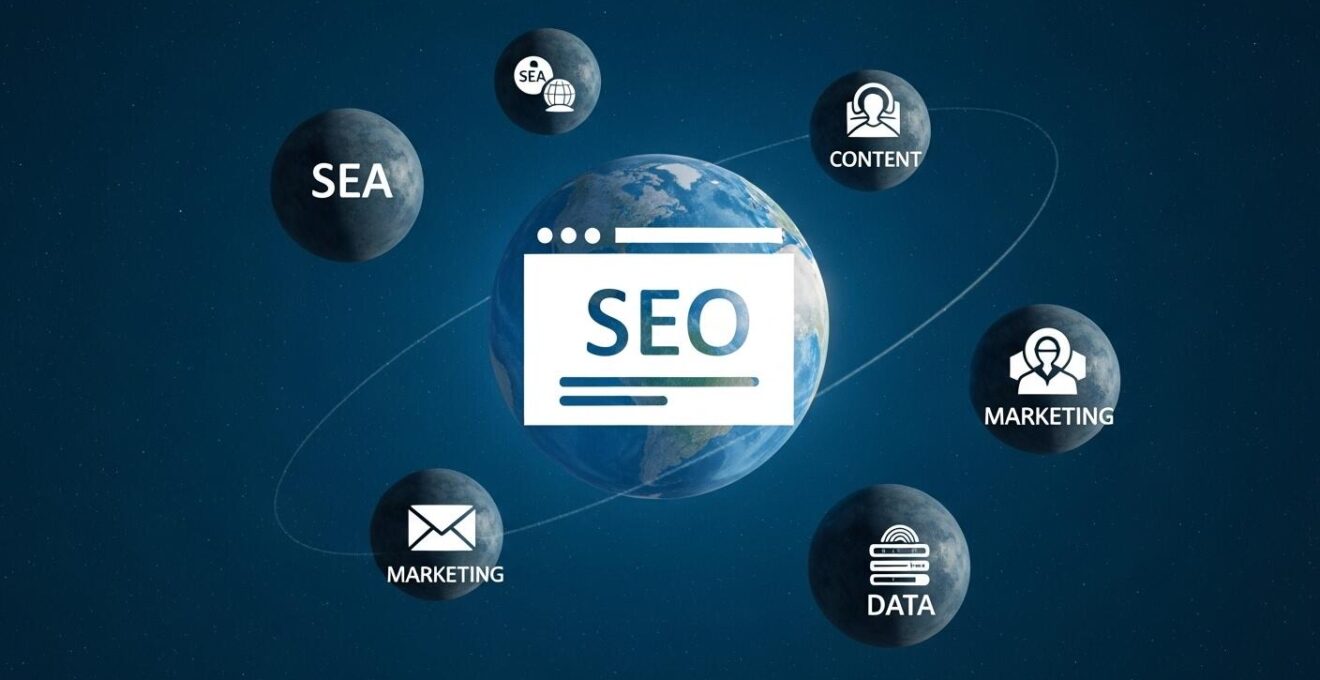 Représentation symbolique d'un système solaire avec des planètes numériques autour d'un site web central