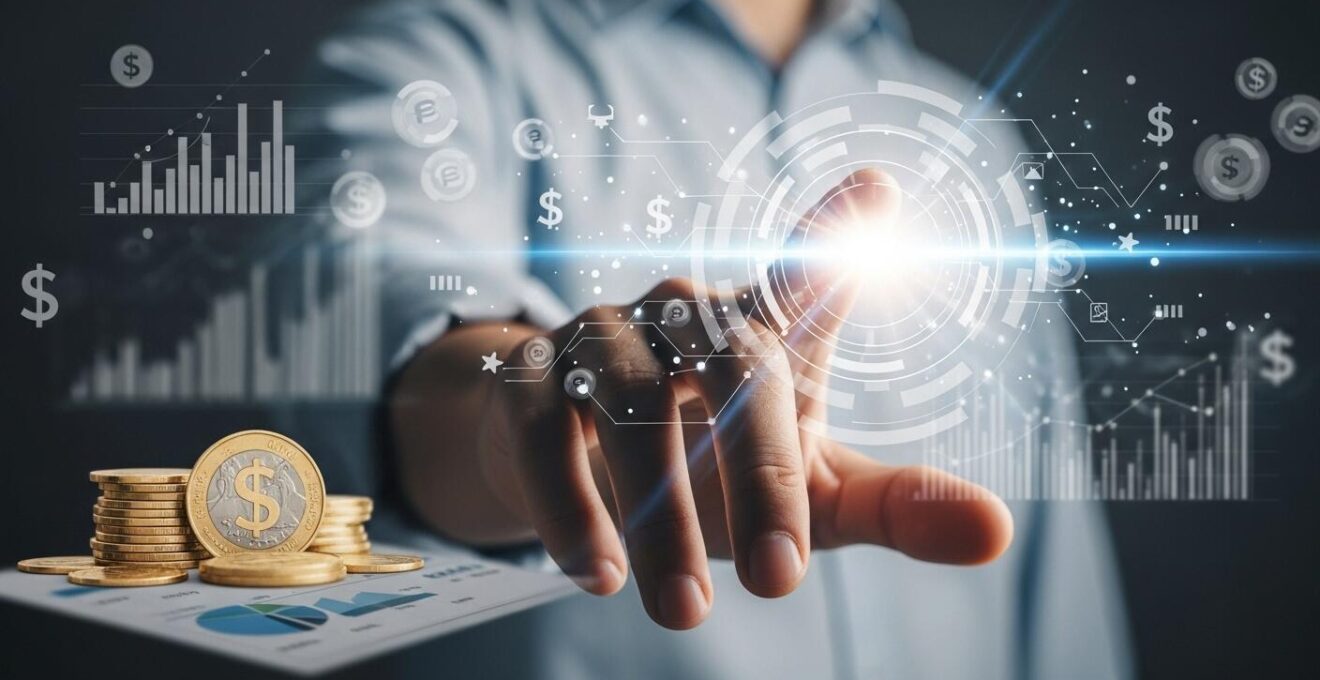 Image symbolique représentant une main humaine tenue devant une lumière brillante holographique de technologie avancée entourée de symboles financiers flous