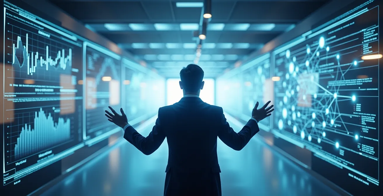 Architecte logiciel concevant une structure complexe, pont reliant la vision métier et le code technique