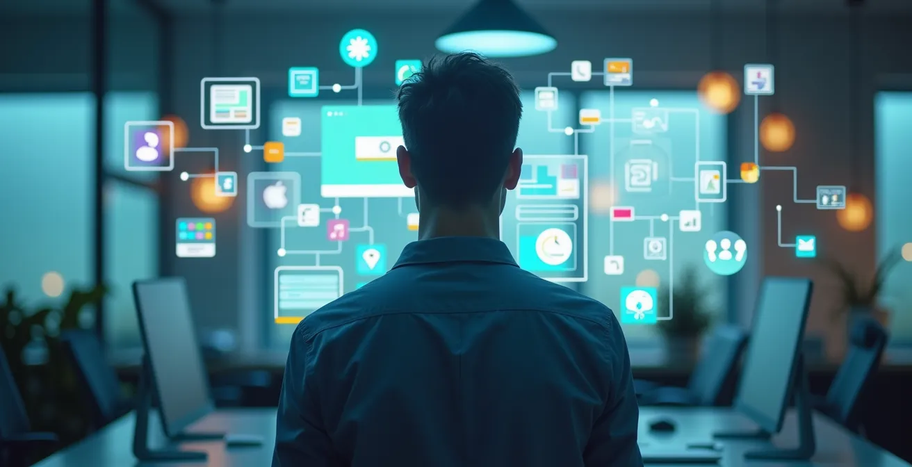 Image symbolique d'un chef de projet digital, entouré d'outils numériques, représentant la polyvalence et la maîtrise du digital