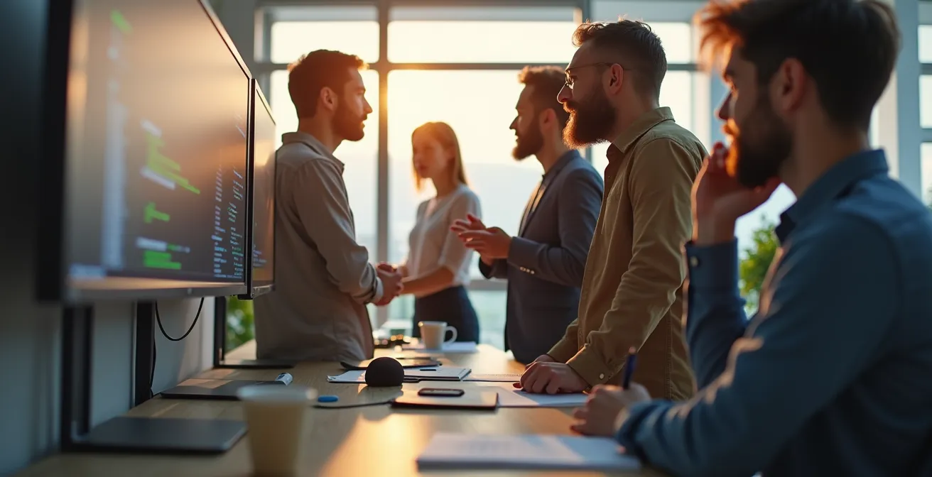 Photo d'une équipe de développeurs travaillant ensemble, concentrés et engagés, illustrant la collaboration et la communication non-verbale efficace