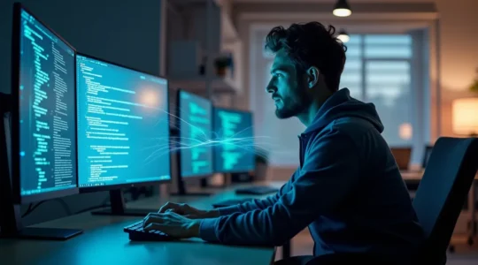 Ingénieur backend travaillant sur l'architecture d'une application complexe, concentré sur son écran