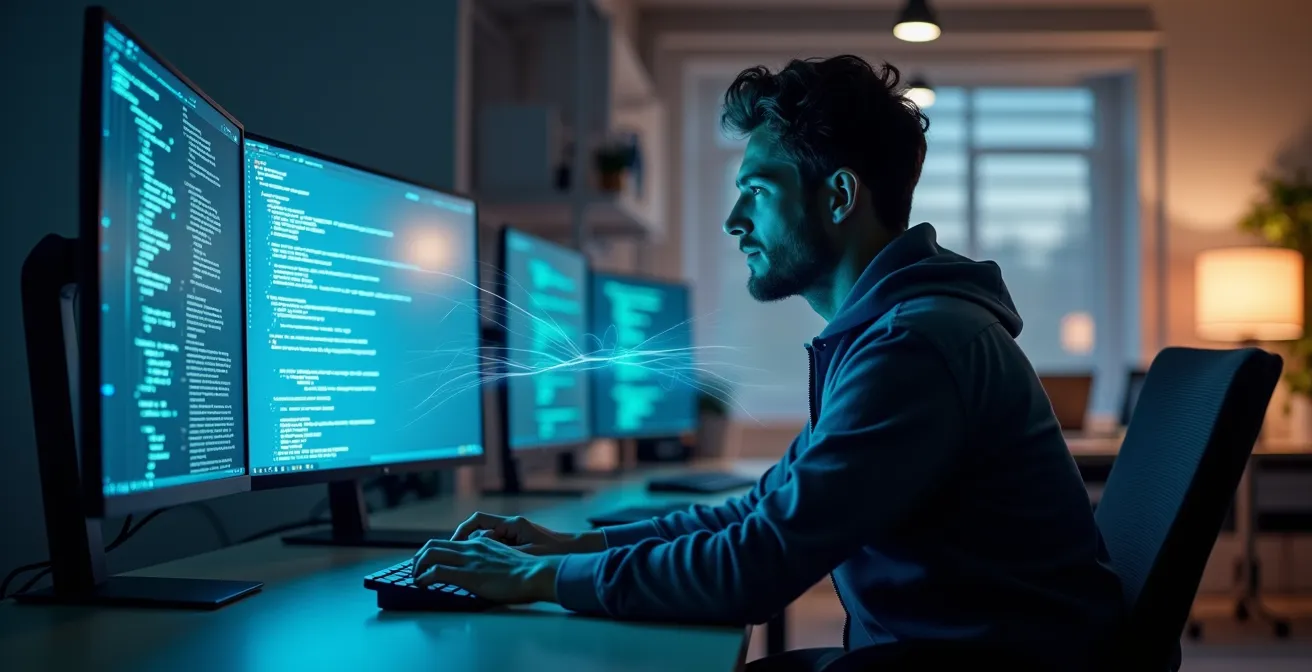 Ingénieur backend travaillant sur l'architecture d'une application complexe, concentré sur son écran