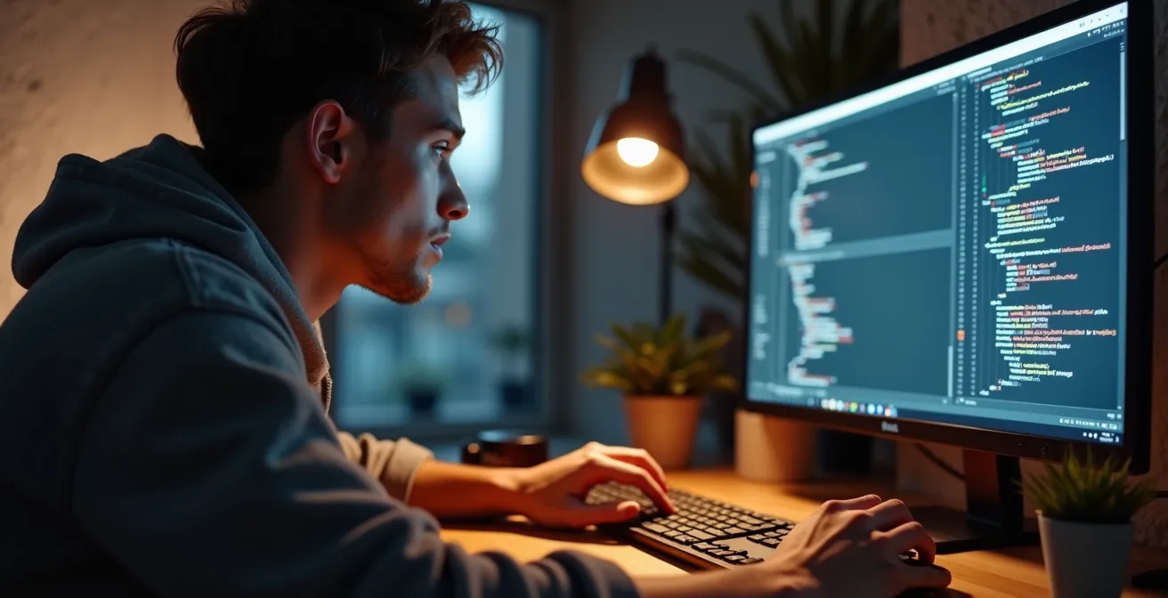 Un développeur front-end crée l'interface d'un site web avec passion et précision, transformant des maquettes en expériences interactives.