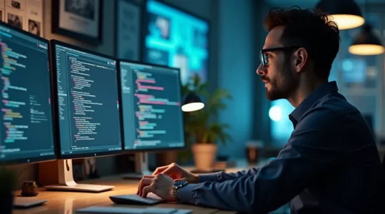 Un développeur entouré de symboles technologiques (code, bases de données, interfaces utilisateur) représentant les multiples facettes du rôle full-stack, dans un environnement de bureau moderne et productif.