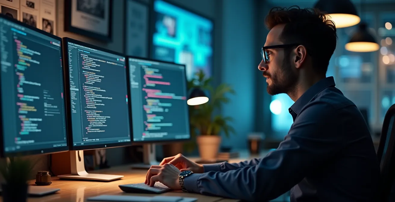 Un développeur entouré de symboles technologiques (code, bases de données, interfaces utilisateur) représentant les multiples facettes du rôle full-stack, dans un environnement de bureau moderne et productif.