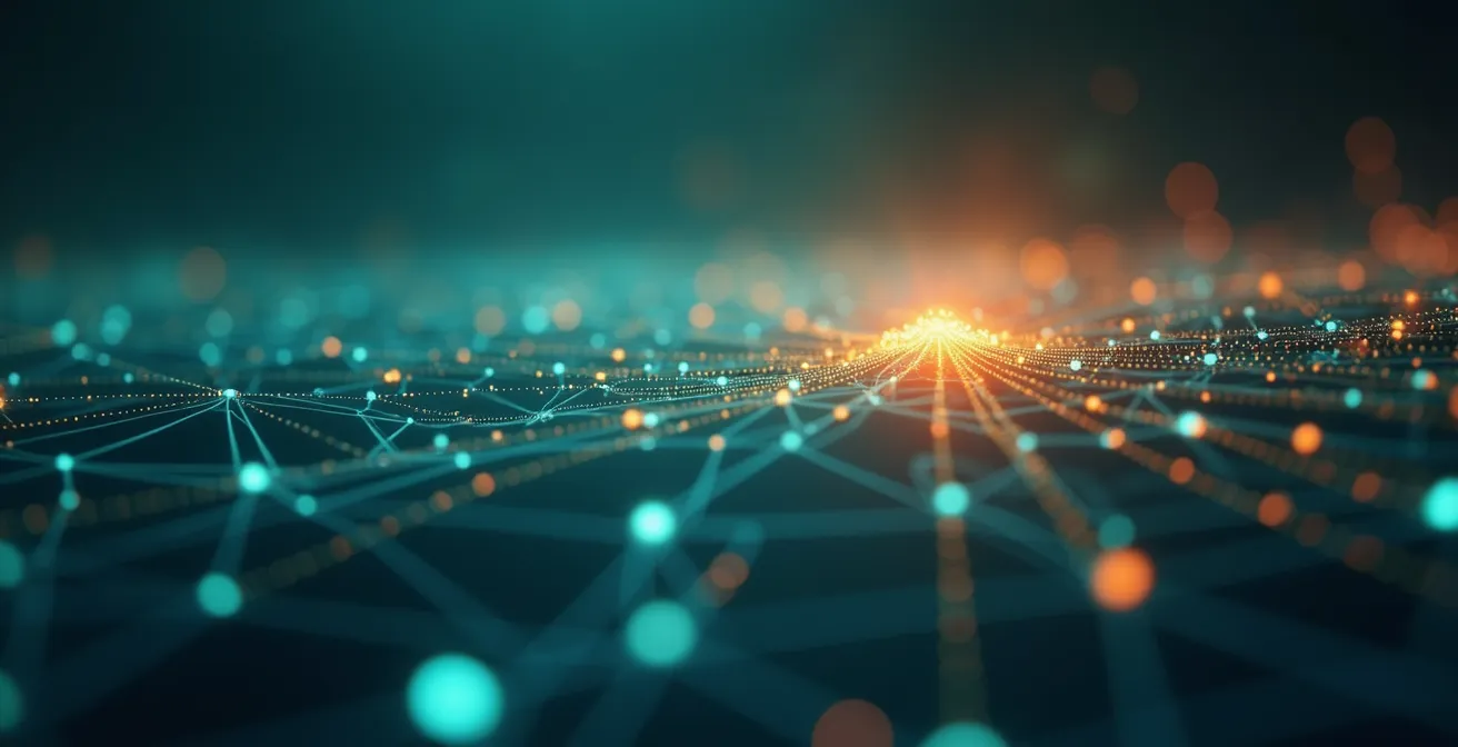 Illustration conceptuelle de l'effet réseau montrant des nœuds interconnectés formant un écosystème prospère autour d'un framework.