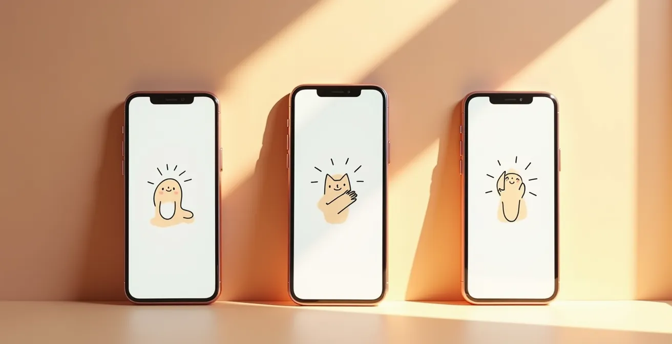 Série d'écrans vides montrant des approches créatives et bienveillantes pour communiquer avec l'utilisateur.