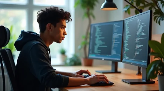 Jeune développeur informatique concentré sur son écran d'ordinateur dans un environnement professionnel moderne