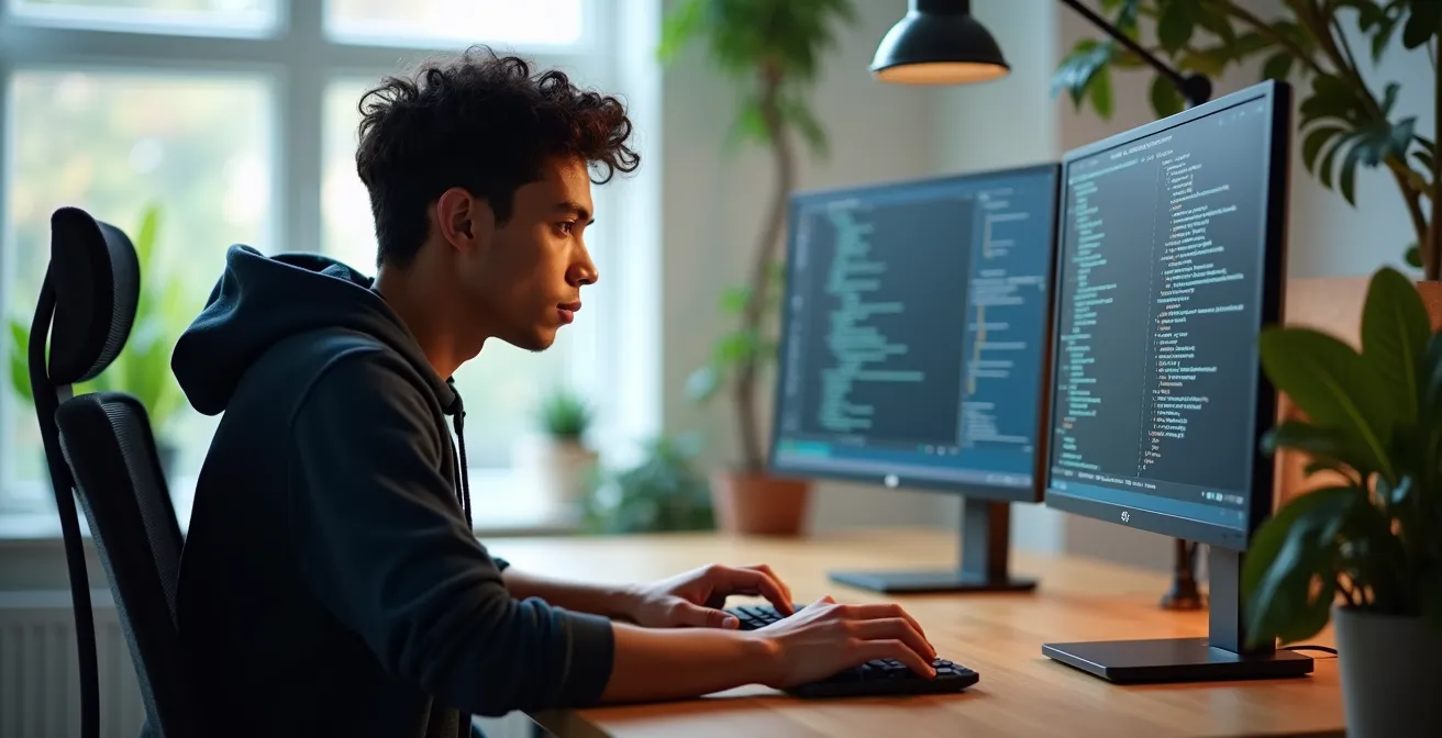Jeune développeur informatique concentré sur son écran d'ordinateur dans un environnement professionnel moderne
