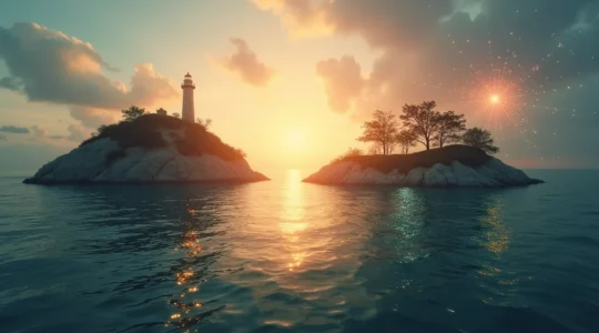 Île déserte transformée en écosystème numérique vibrant avec des points de connexion interconnectés brillant dans le brouillard côtier