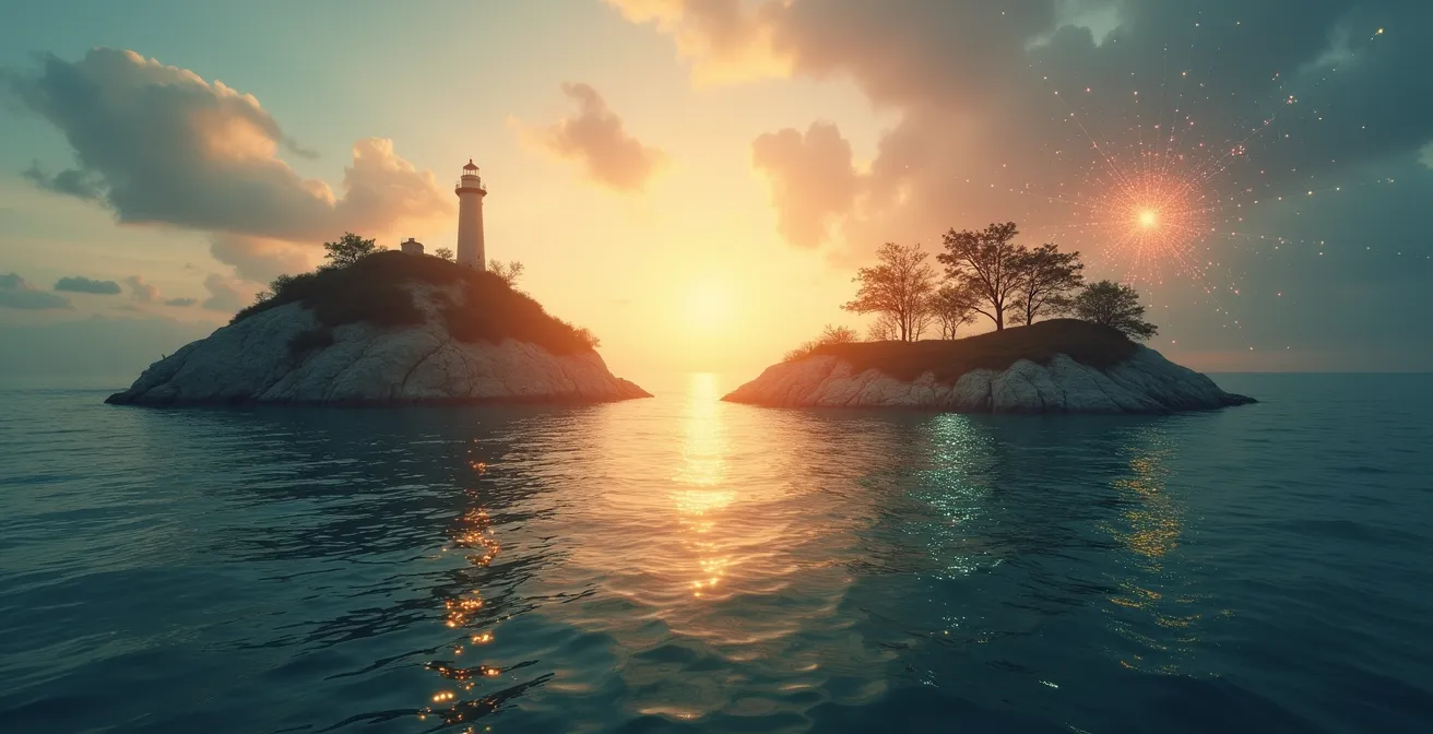 Île déserte transformée en écosystème numérique vibrant avec des points de connexion interconnectés brillant dans le brouillard côtier