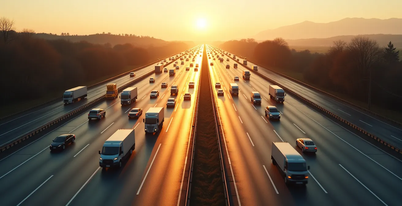 Visualisation d'une autoroute de données avec systèmes de signalisation optimisés représentant l'impact des index sur les performances de requête