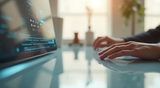 Composition minimaliste montrant une main interagissant naturellement avec une interface épurée, sans friction visible