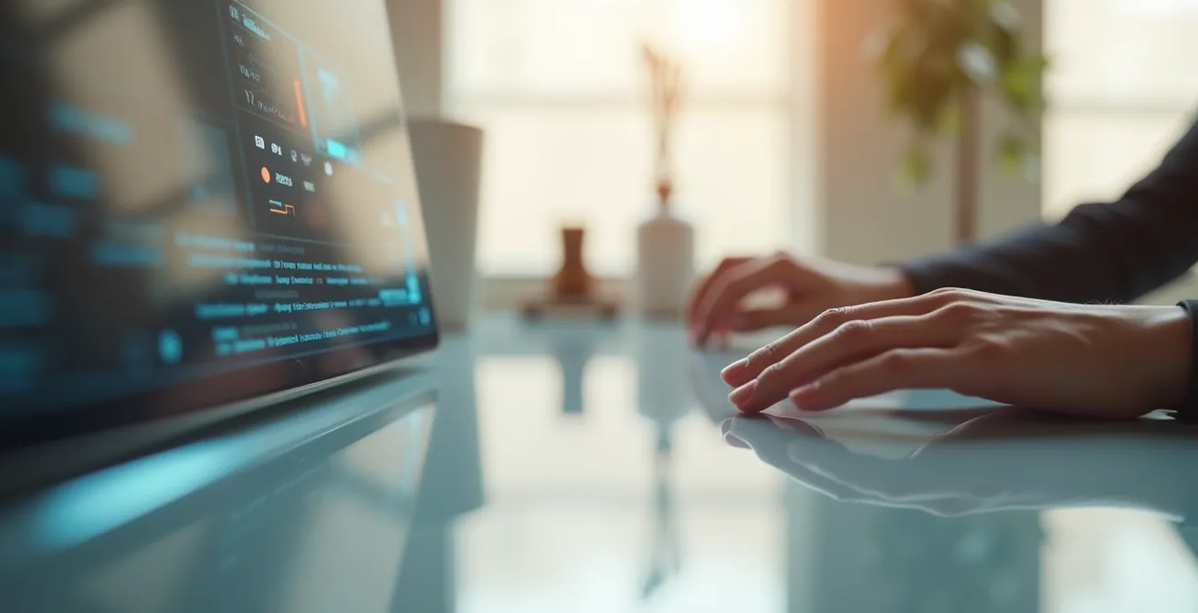 Composition minimaliste montrant une main interagissant naturellement avec une interface épurée, sans friction visible