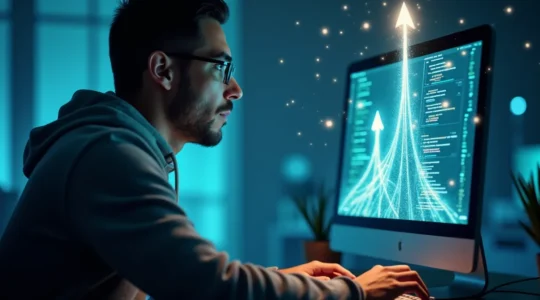 Illustration conceptuelle montrant des developpeurs liberes par les frameworks JavaScript, avec des symboles de productivite et de focus.