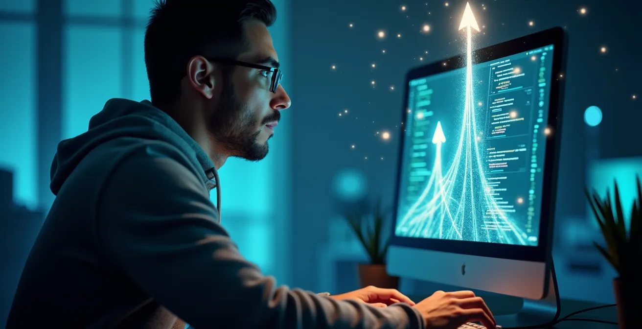 Illustration conceptuelle montrant des developpeurs liberes par les frameworks JavaScript, avec des symboles de productivite et de focus.