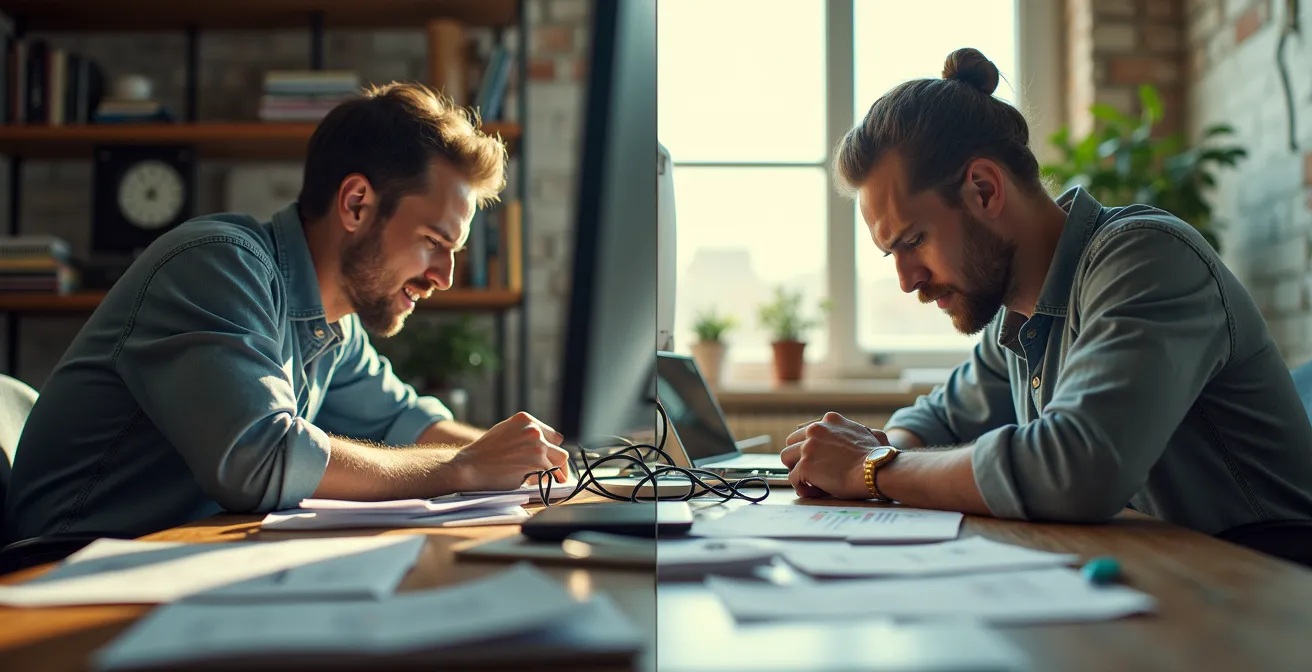 Comparaison visuelle d'une navigation chaotique versus réorganisée selon les lois de Hick et Fitts