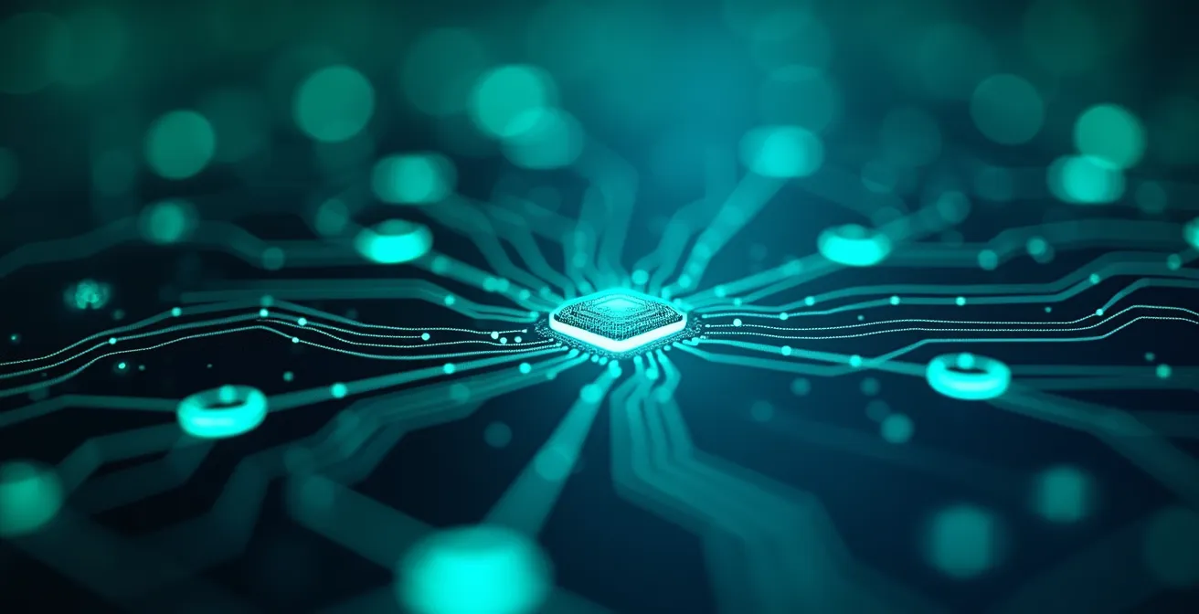 Photographie éditorial montrant un environnement de serveur moderne symbolisant le rôle central de PHP dans l'infrastructure internet