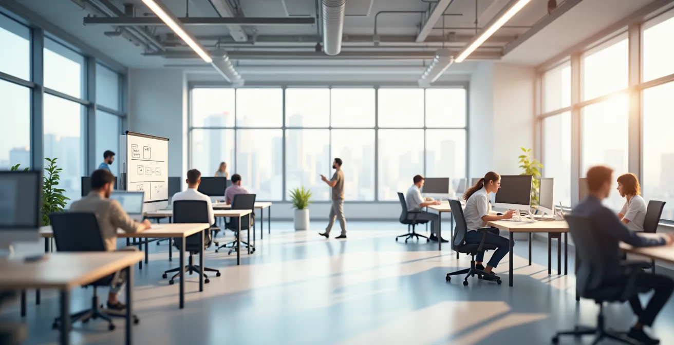 Illustration d'un développeur full-stack servant de traducteur entre différentes disciplines (frontend, backend, produit, business) à travers des canaux de communication harmonieux.