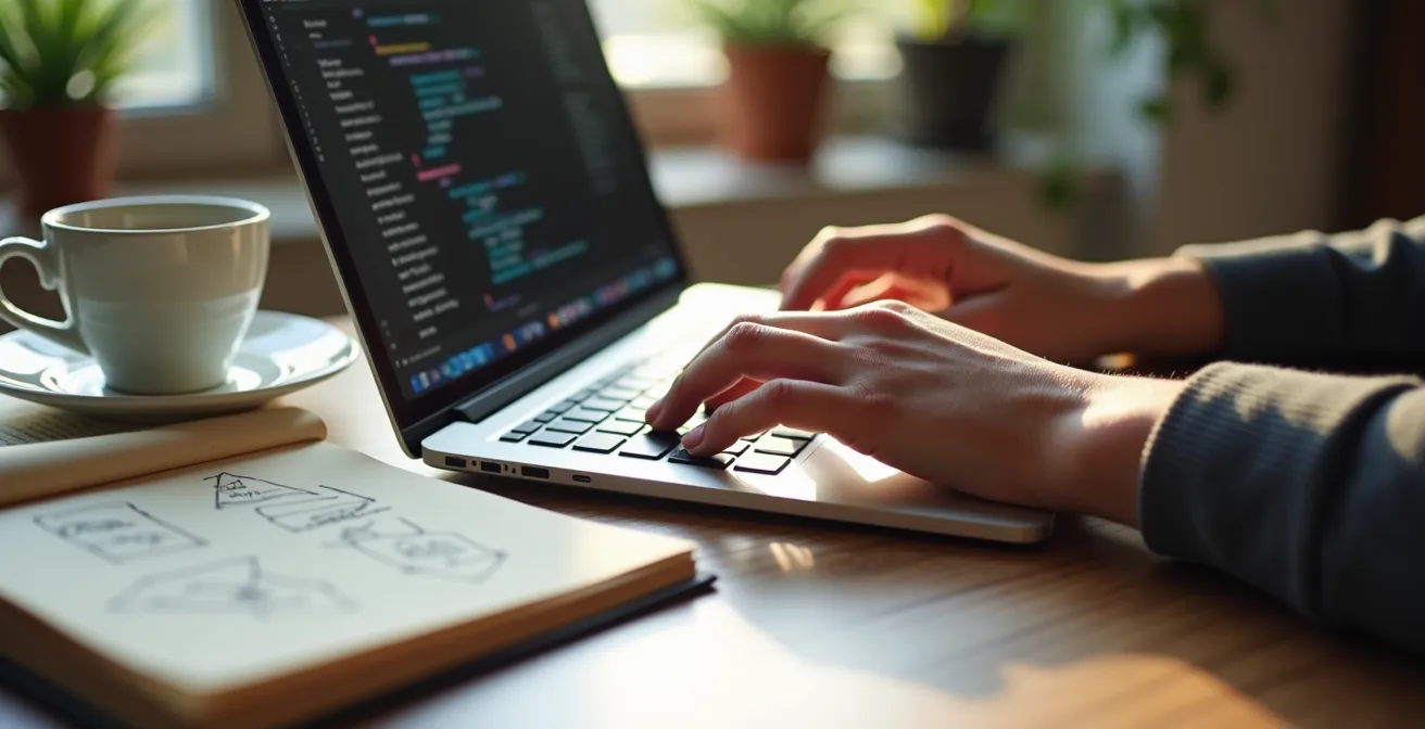 Illustration d'un portfolio numérique en ligne montrant un écran d'ordinateur avec des projets et des statistiques GitHub, représentant la vitrine professionnelle d'un développeur.