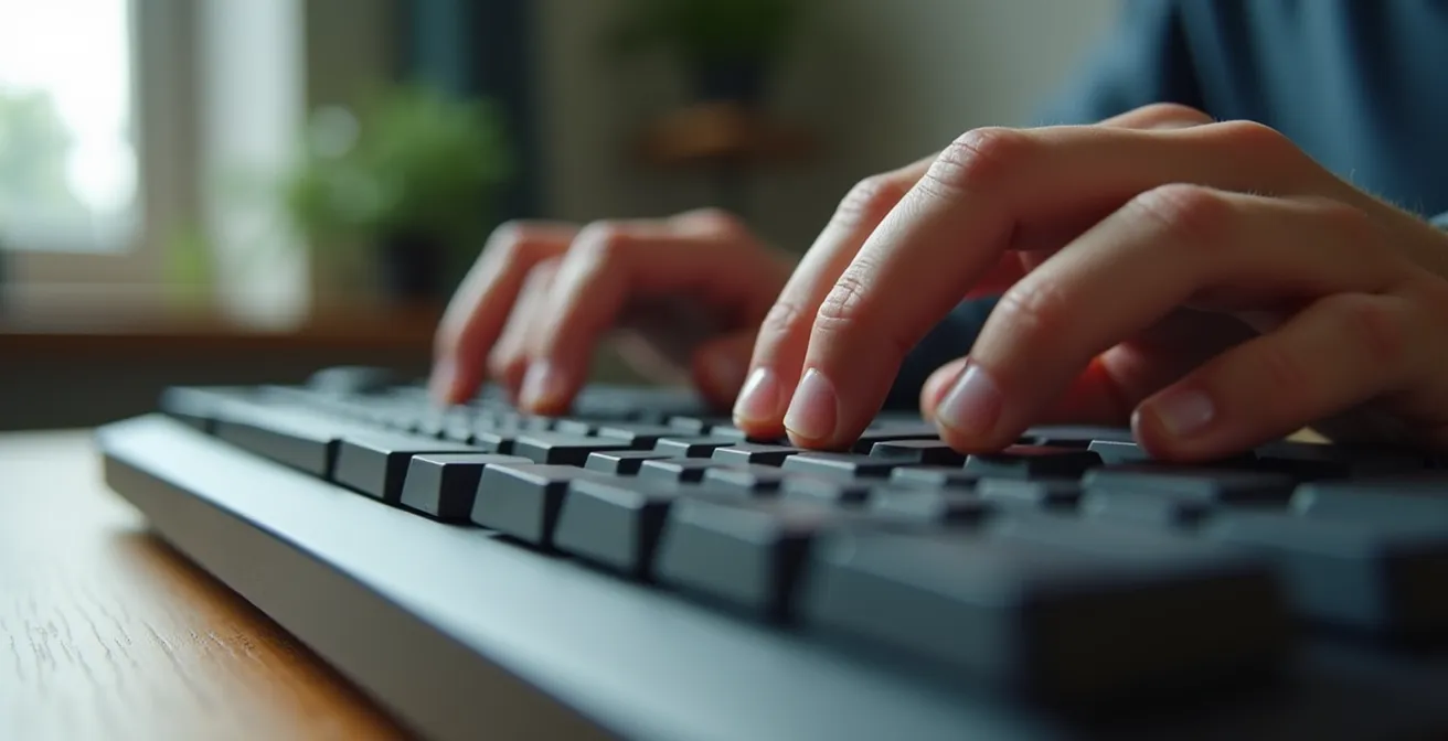 Gros plan sur des mains de développeur tapant du code sur un clavier mécanique dans un environnement de travail moderne