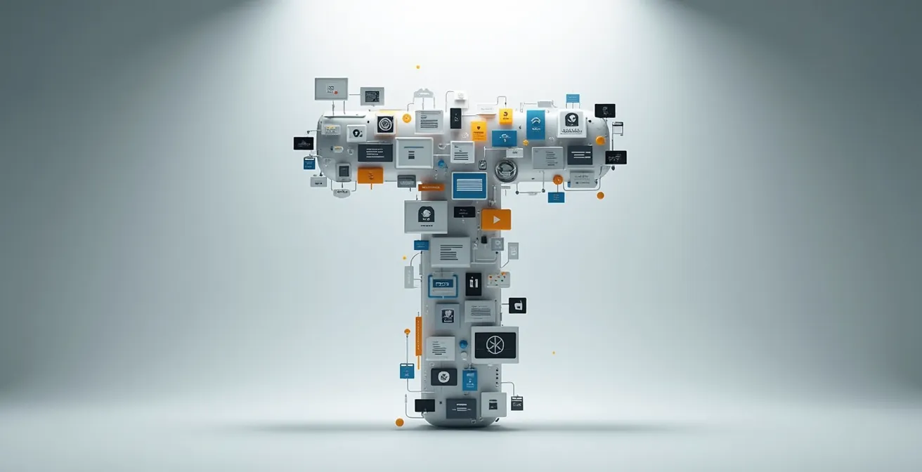 Représentation visuelle du concept du développeur en forme de T avec une barre verticale symbolisant l'expertise profonde dans un domaine spécifique et une barre horizontale illustrant les connaissances transversales.