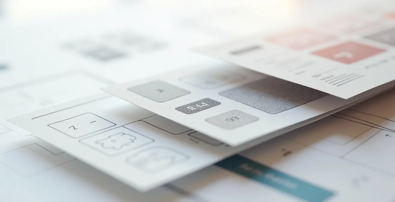 Progression visuelle d'une interface d'application, passant d'une esquisse très simple et minimaliste à une version interactive complète avec couleurs, détails et éléments d'interaction.