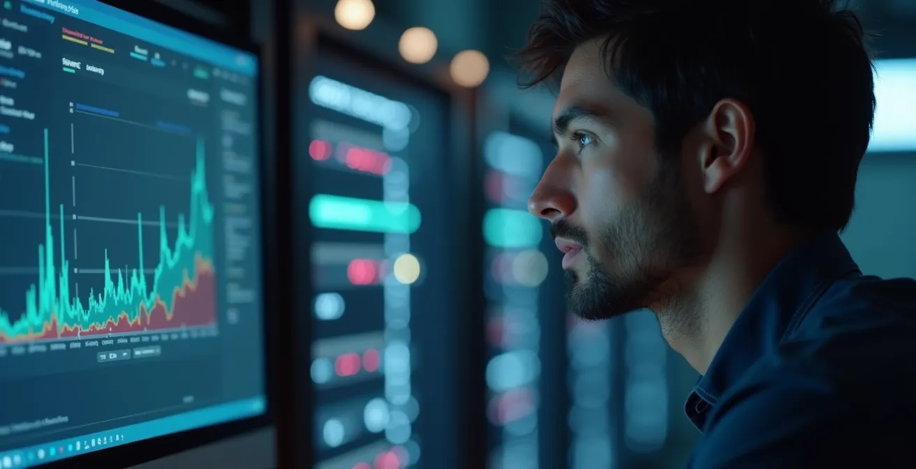 Un administrateur site web analyse les logs serveur sur un écran pour optimiser l'indexation Google de son site, symbole de la maîtrise du SEO technique.