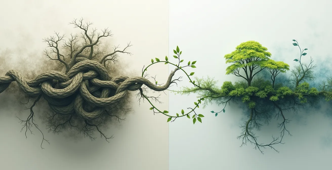 Illustration du Strangler Fig Pattern : nouvelle architecture qui 'étrangle' progressivement le legacy système