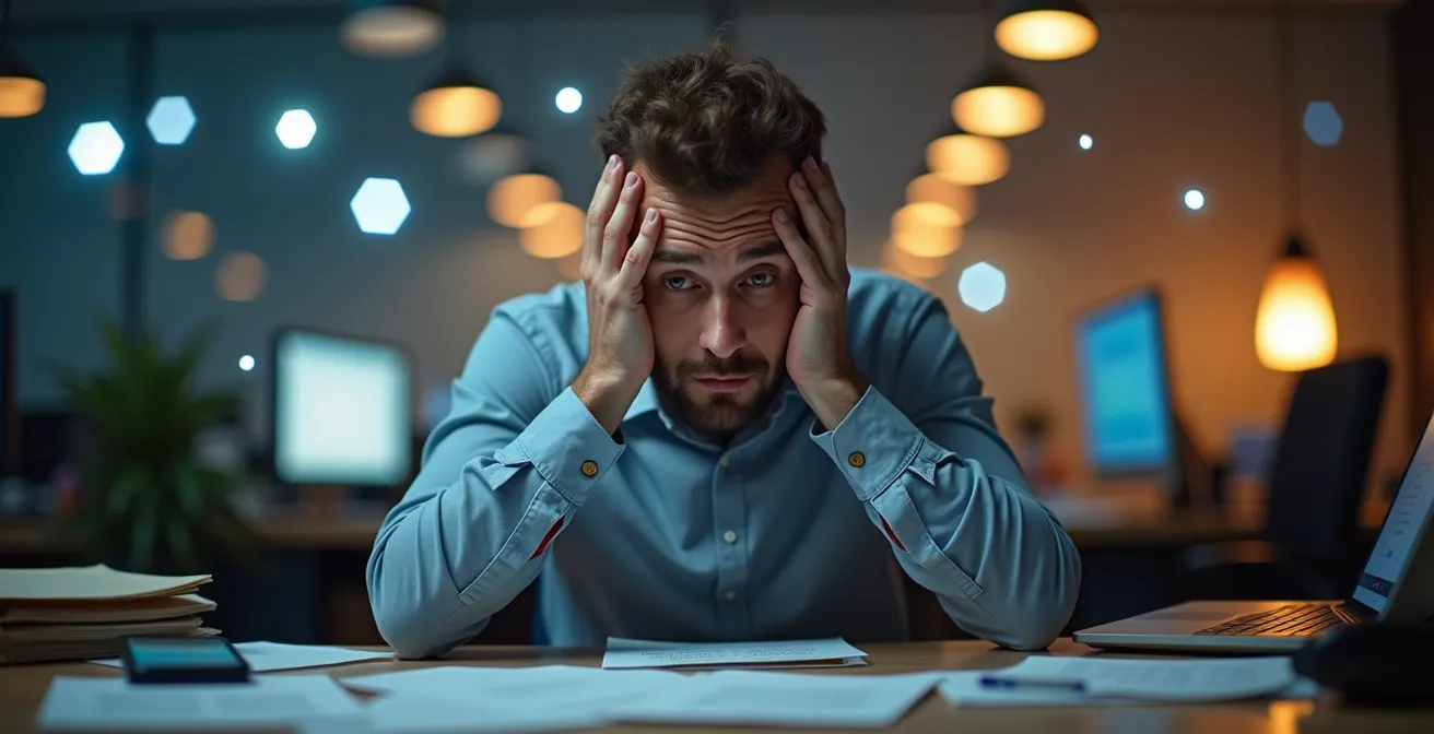 Illustration d'un développeur distrait par de nombreuses nouvelles technologies brillantes qui scintillent autour de son espace de travail.