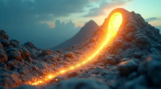 Illustration éditoriale montrant la courbe de hype cycle d'une technologie passant par différentes phases d'adoption, avec des symboles d'innovation et de maturité technologique