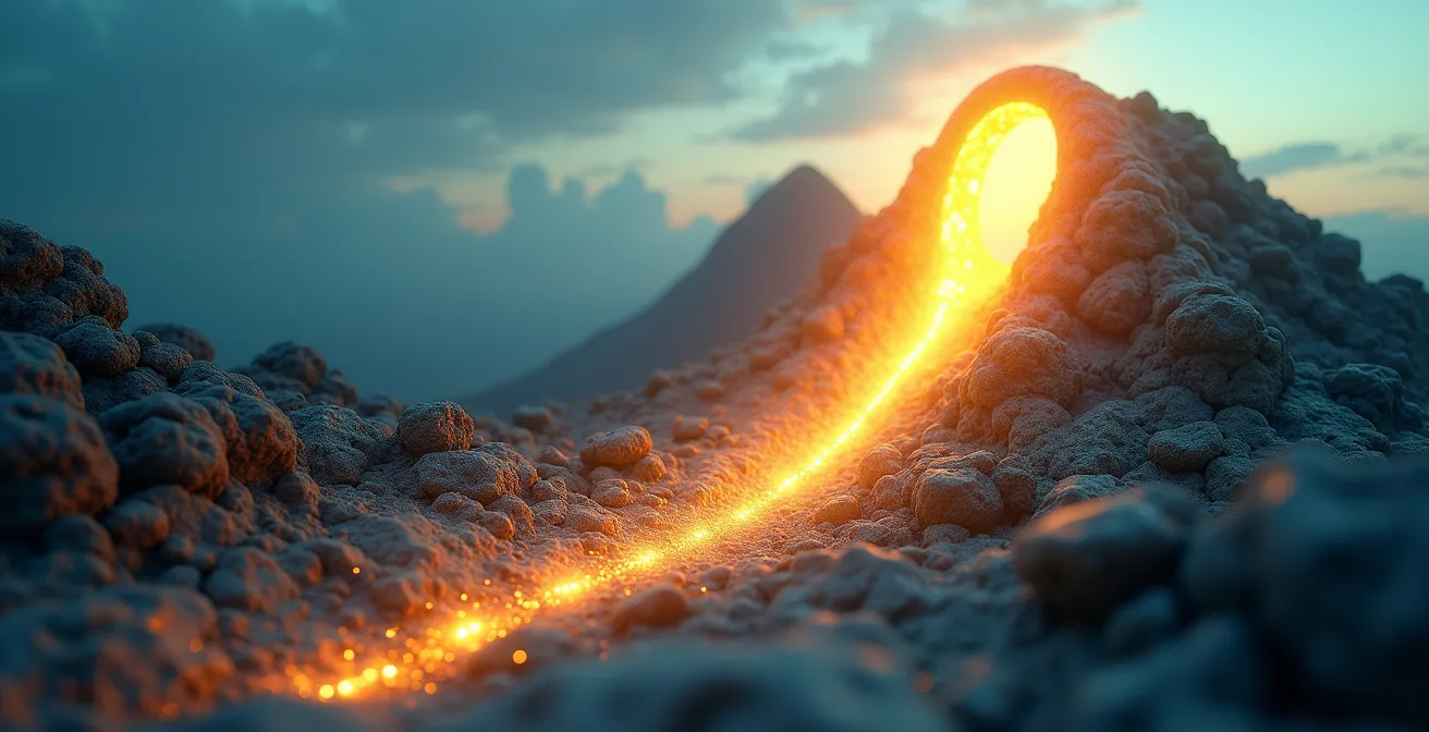 Illustration éditoriale montrant la courbe de hype cycle d'une technologie passant par différentes phases d'adoption, avec des symboles d'innovation et de maturité technologique