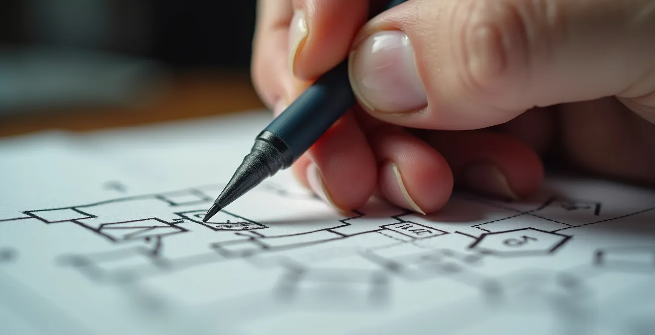 Main d'architecte logiciel dessinant une architecture système abstraite