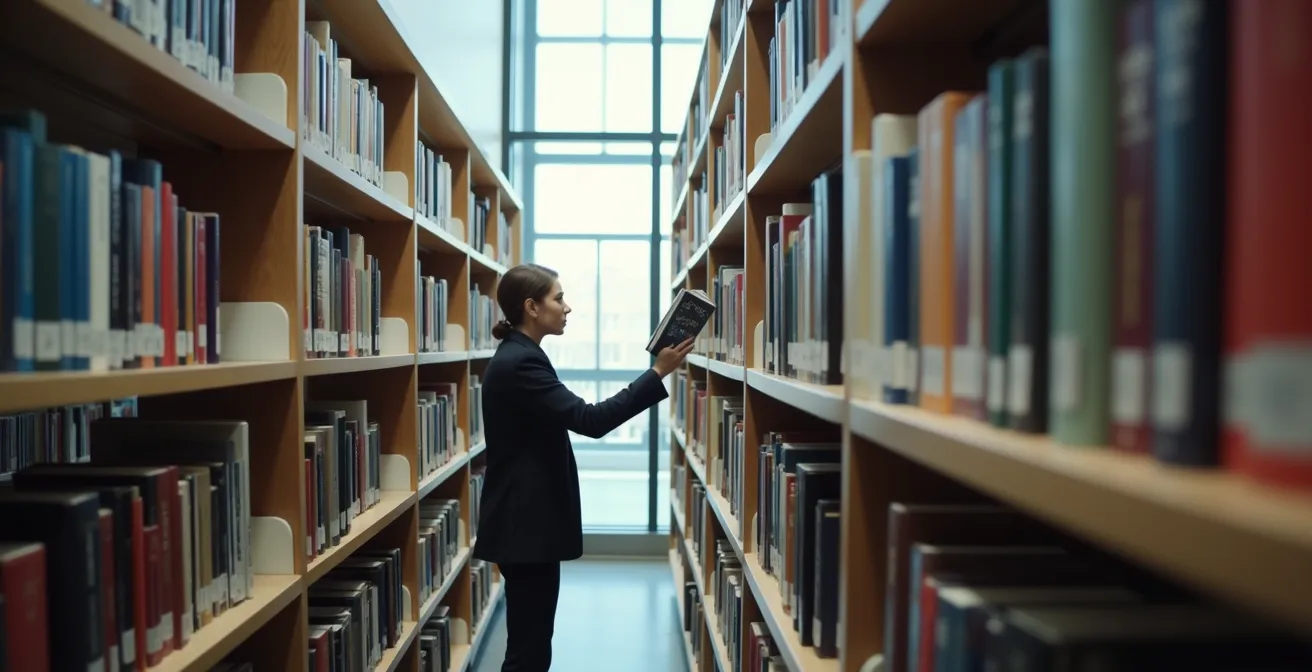Photo minimaliste d'une bibliothèque moderne avec organisation géométrique des étagères