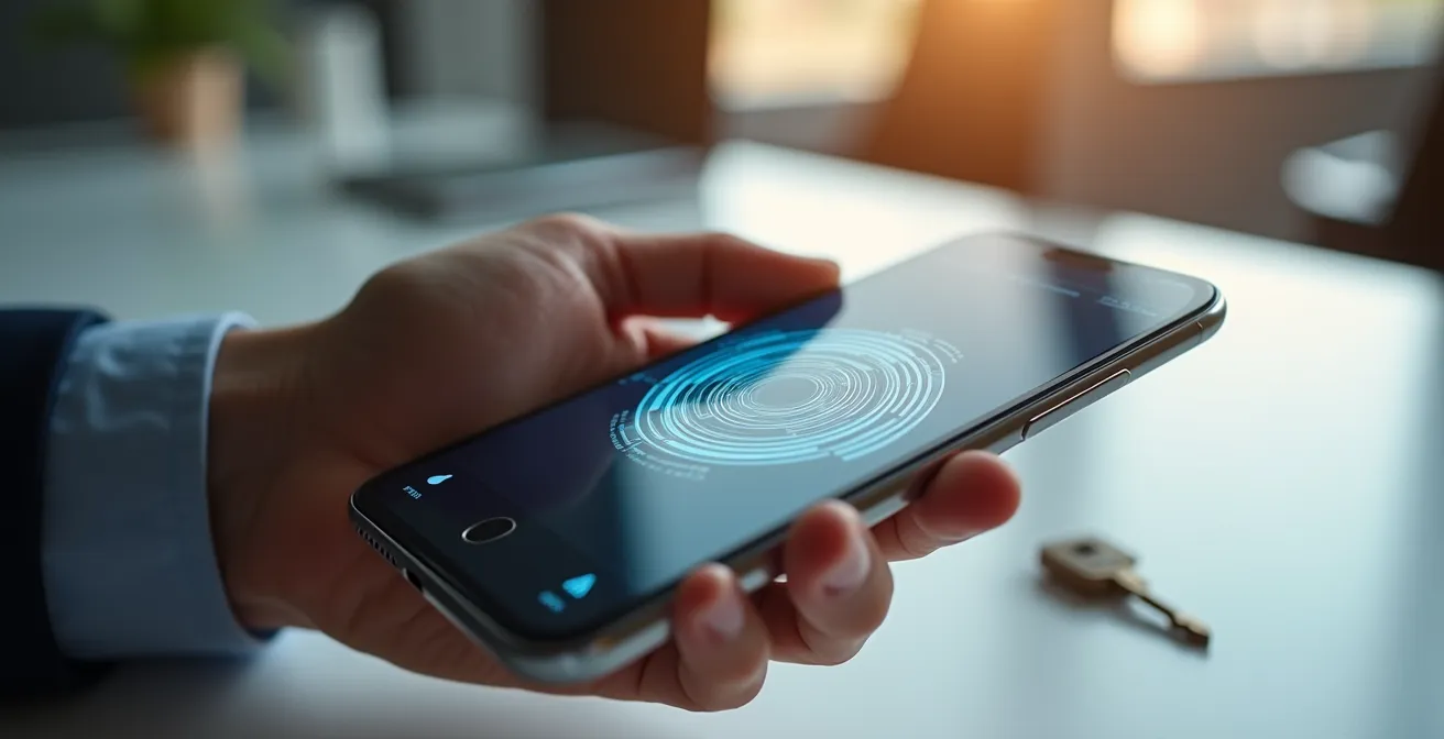 Main tenant un smartphone affichant un code de vérification temporaire, avec une serrure numérique en arrière-plan