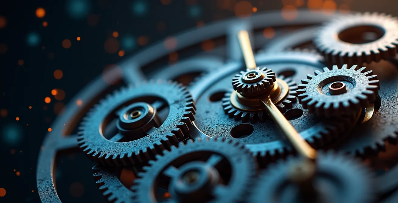 Métaphore visuelle du temps gagné grâce à l'automatisation Python représentée par des engrenages et flux de données