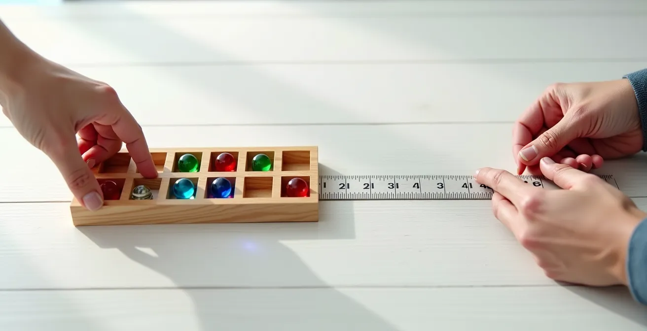 Deux mains tenant des objets différents : une main trie des billes colorées dans des boîtes, l'autre mesure une règle graduée