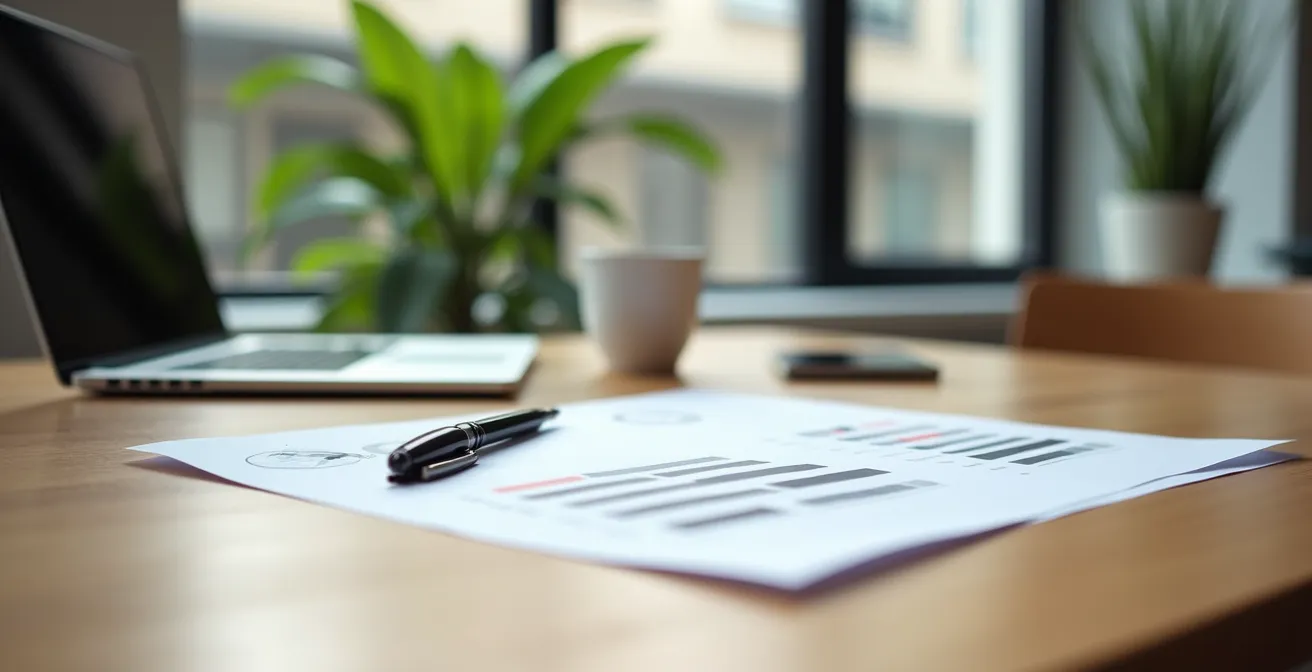 Vue aérienne d'un bureau avec documents contractuels et ordinateur portable montrant des graphiques de performance