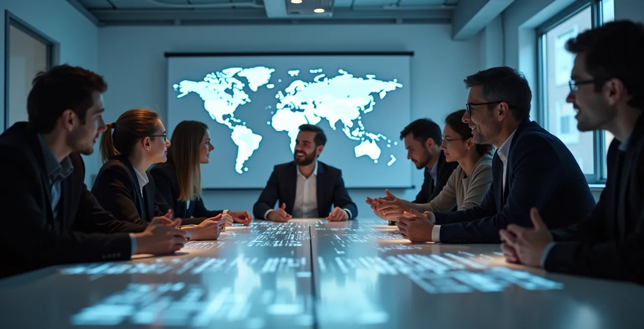 Équipe diverse collaborant autour de visualisations de données dans un espace de travail moderne