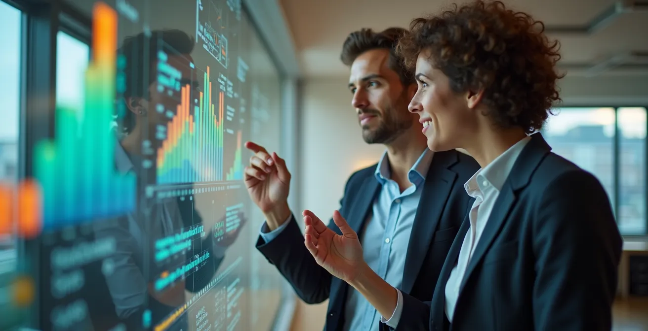Professionnels analysant des visualisations de données colorées projetées dans un espace de travail moderne