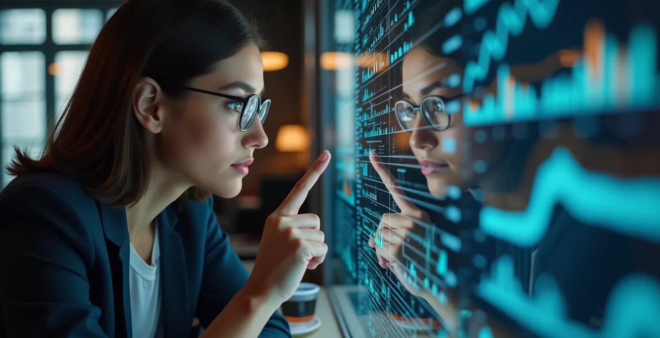 Data analyst analysant des tableaux de bord avec une loupe métaphorique