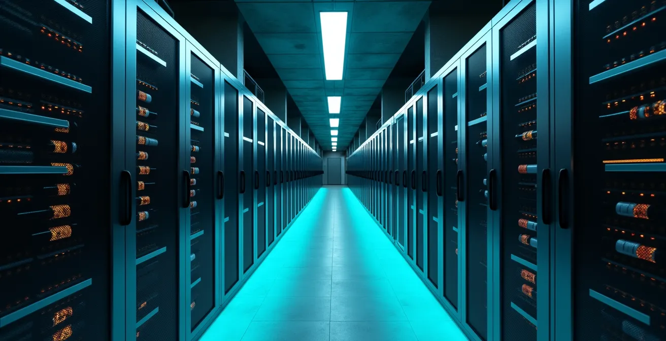 Architecture moderne de stockage de données représentée comme une cave organisée avec rayonnages lumineux