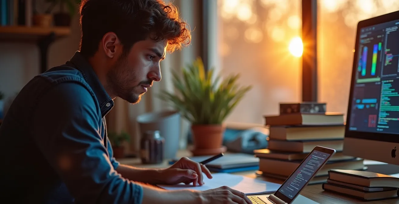 Développeur apprenant de nouvelles technologies avec plusieurs supports d'apprentissage