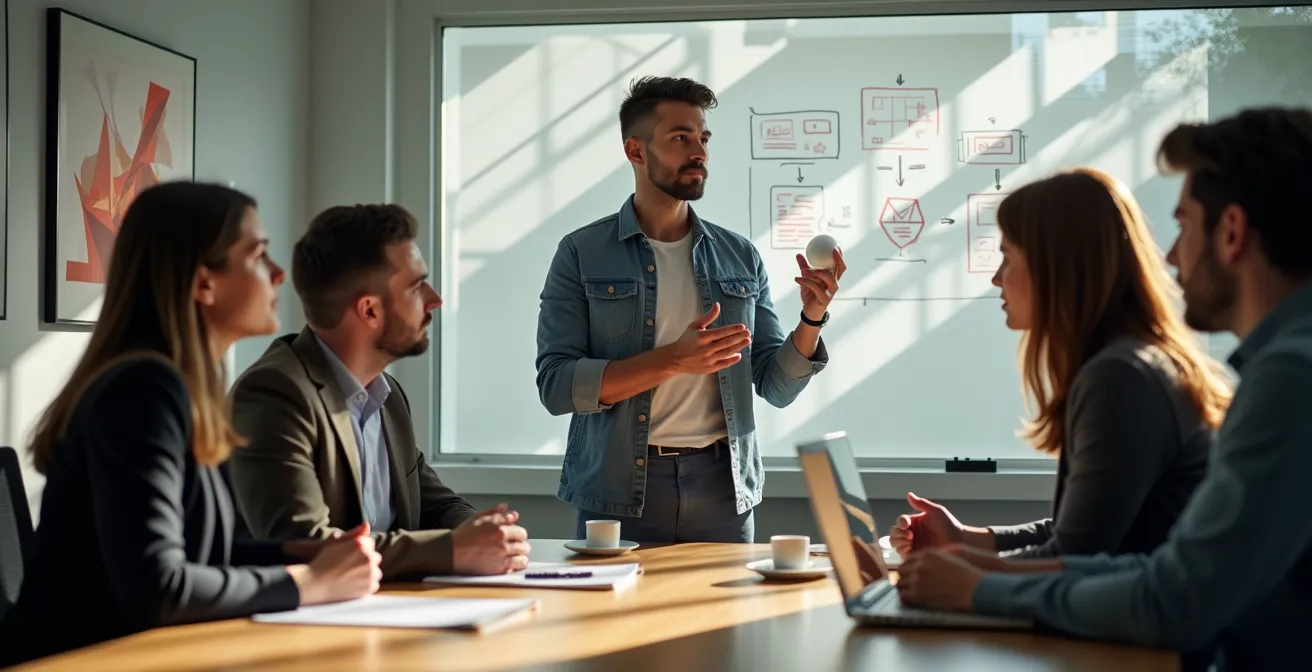 Développeur expliquant un concept technique à des collègues non-techniques avec des gestes pédagogiques
