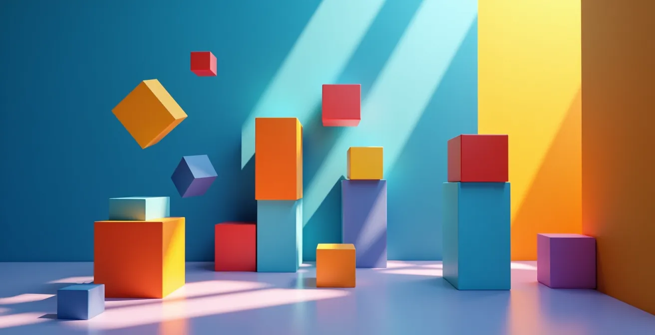 Représentation visuelle moderne de l'éditeur Gutenberg avec des blocs colorés abstraits