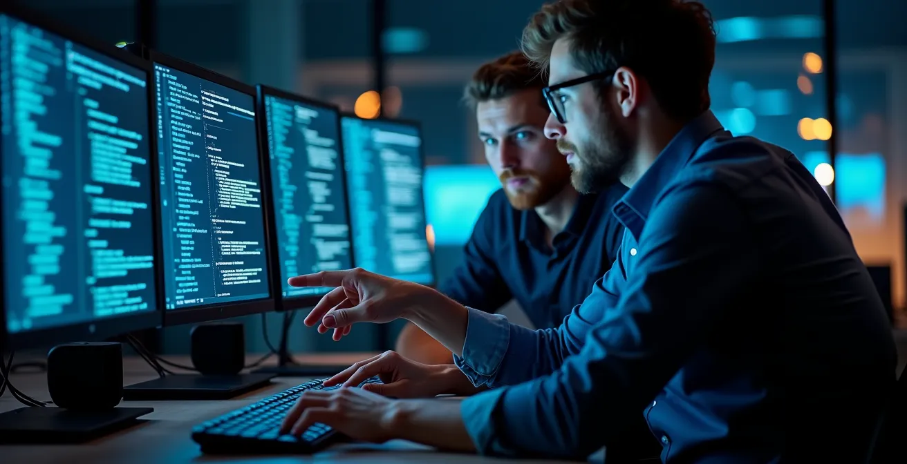 Deux développeurs en session de pair programming lors d'un entretien technique